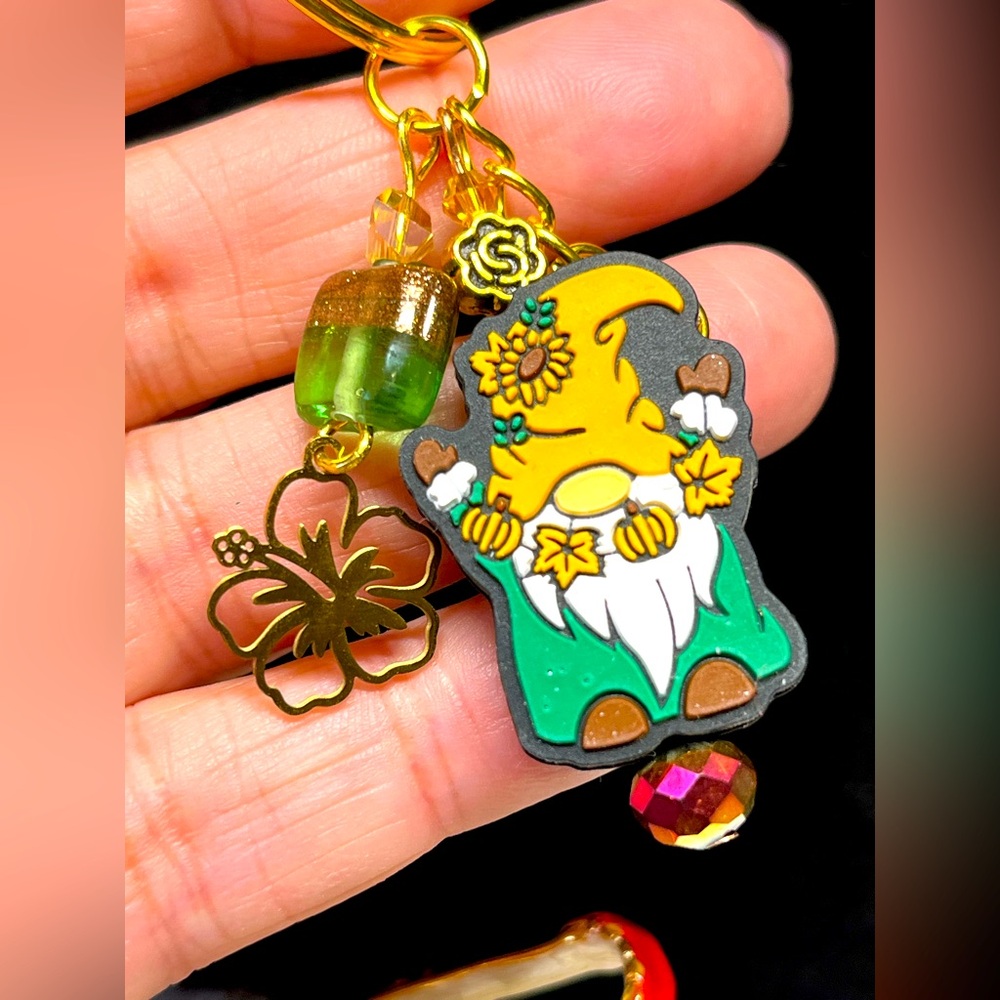 Lucky floral gnome, zipper pull or purse bling-green and gold